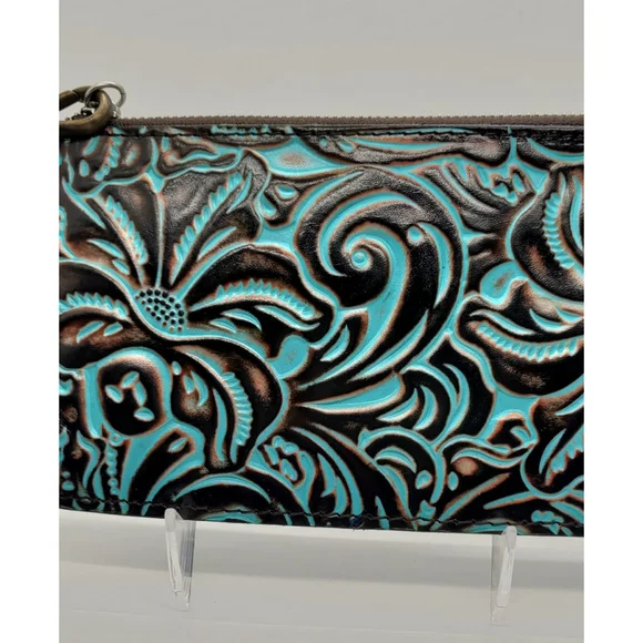 Patricia Nash Italian Leather St Croce Wristlet Tooled Turquoise Brown Bag - Picture 2 of 9